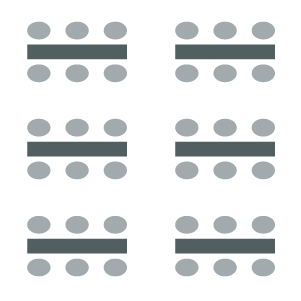 room setup icon of two columns of rectangular tables with chairs on one side of each table, resembling a classroom setup