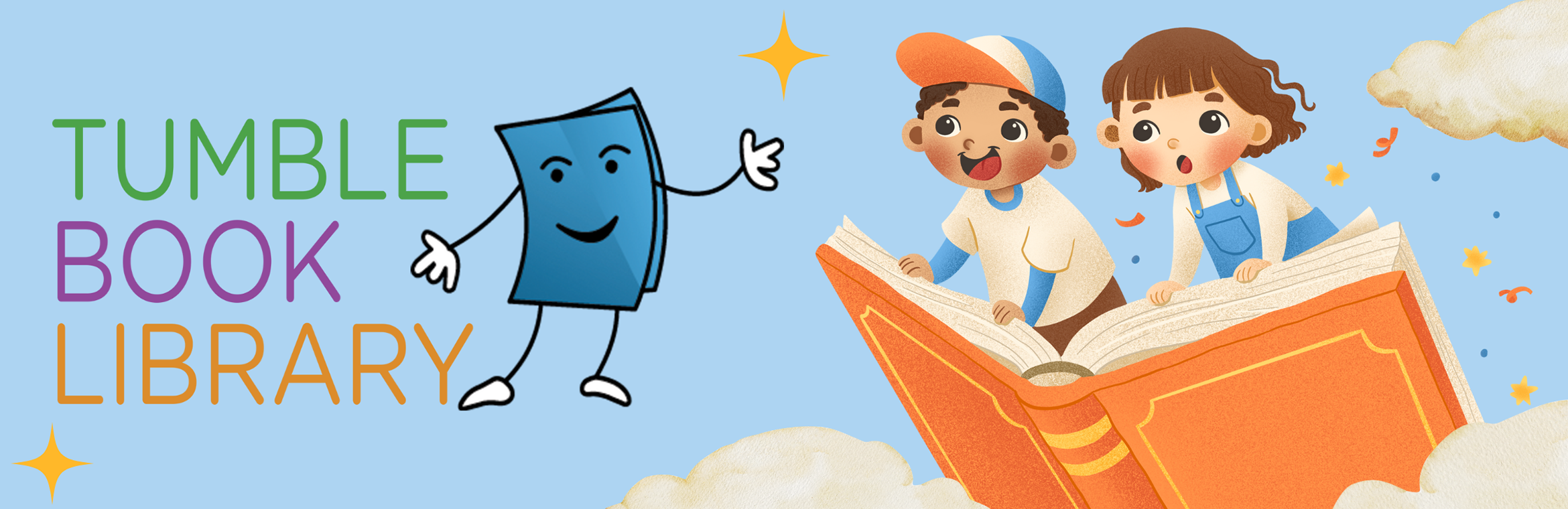 Kids slide with graphic of two children on a flying book with the Tumble book Library logo