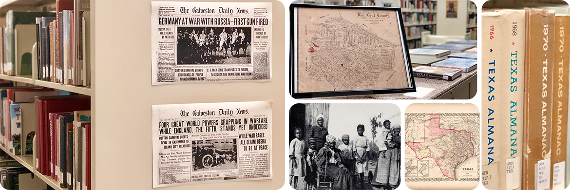 Genealogy and Local History header showing history section of library shelves, old Fort Bend map, map of Texas, and Texas history books