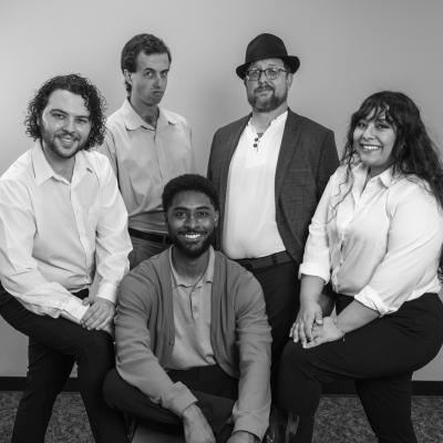 Cast for "The Merchant of Venice" - Back row (L-R): Hunter Tortorice as "Gratiano;" Will Larson as "Bassanio;" Neil Health as "Solanio;" Sofia Uribe as "Salerio;" Front: Daivon Barone as "Lorenzo/Morocco"