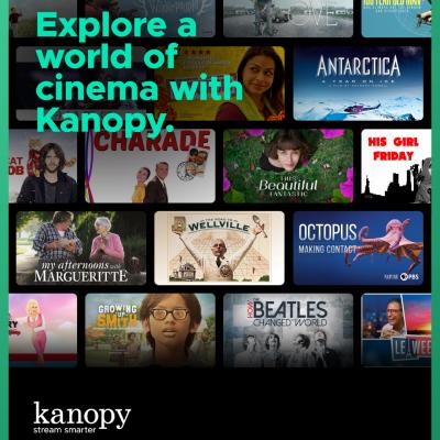 Kanopy graphic with the words "Explore a World of Cinema with Kanopy"