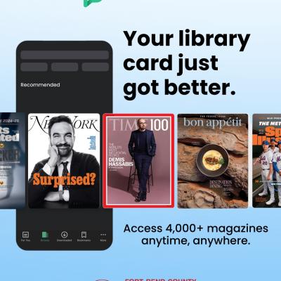 Graphic showing magazine covers, PressReader logo, FBCL logo.