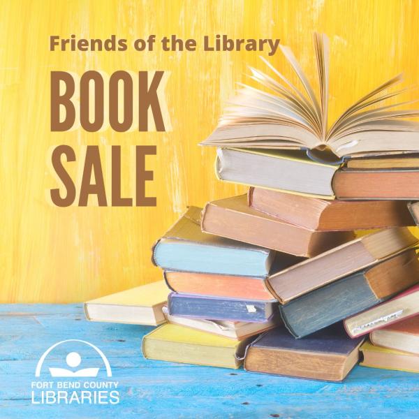 Graphic: Friends of the Library Book Sale with books stacked haphazardly