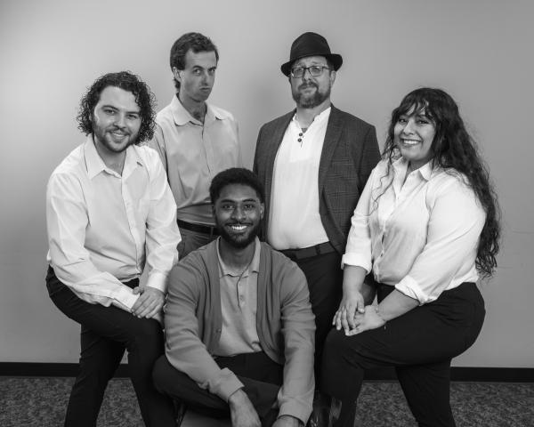 Cast for "The Merchant of Venice" - Back row (L-R): Hunter Tortorice as "Gratiano;" Will Larson as "Bassanio;" Neil Health as "Solanio;" Sofia Uribe as "Salerio;" Front: Daivon Barone as "Lorenzo/Morocco"