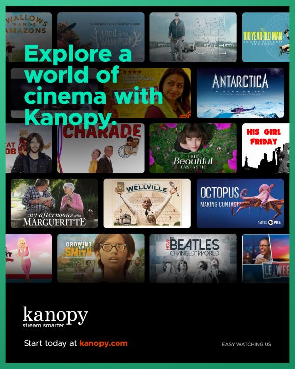 Kanopy graphic with the words "Explore a World of Cinema with Kanopy"