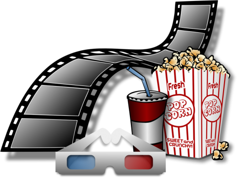 movie clipart with popcorn, drink, glasses, film