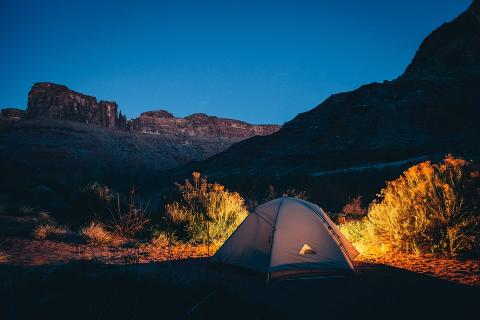 Tent pitched in rugged terrain