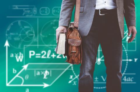 student with math equations in the background
