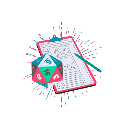 A clipboard, pen, and D20 die