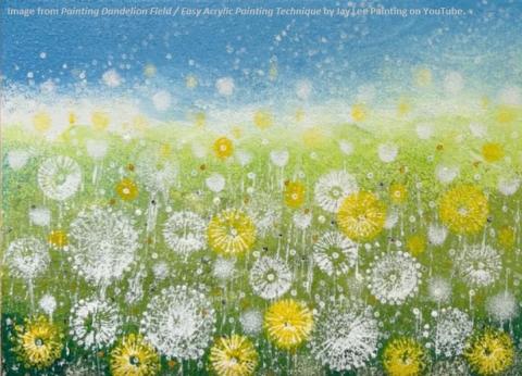 A blue yellow green and white dandelion field 