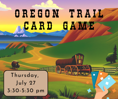 Cartoon background image of Oregon Trail, with wagon and ox.  "Oregon Trail Card Game" appears in Western font.  A hand holding cards is in the bottom right corner.