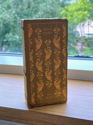 Photograph of a brick painted to look like the cover of "Pride and Prejudice" by Jane Austen