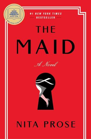 photo of the book cover of "The Maid" by Nita Prose; cover is red with a large keyhole and the lower half a maid can be seen running throug the keyhole