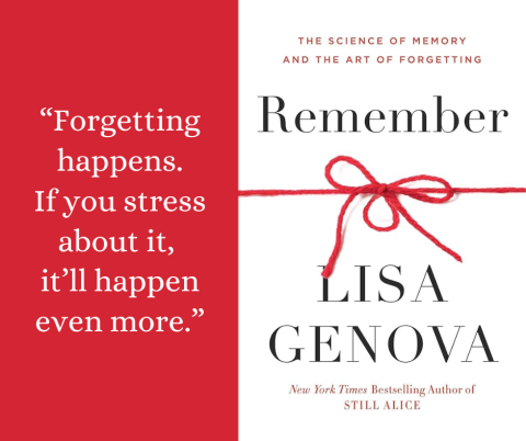 Quote on left: "Forgetting happens.  If you stress about it, it'll happen even more."  Book cover on right.