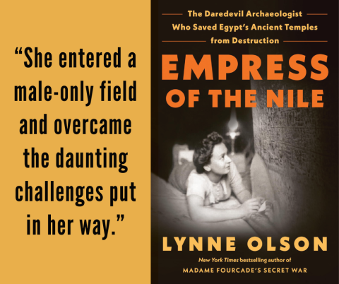 Quote on left: "She entered a male-only field and overcame the daunting challenges put in her way."  Book cover on right.