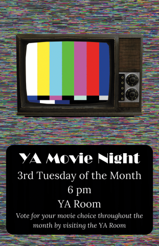 graphic for YA Movie Night with an CRT TV with color bands in front TV static
