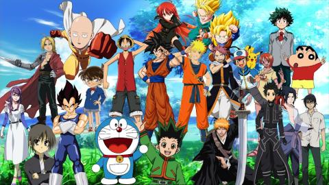 several anime characters in a picturesque scene