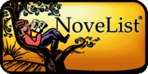 logo for Novelist featuring someone reading a book sitting on top of tree limb during sunset