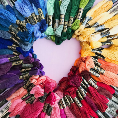 photo of a rainbow embroidery floss in the shape 