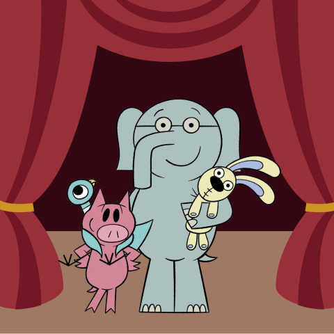 Three cartoon animals—a cheerful elephant, a playful pig, and a curious rabbit—pose in front of a vibrant curtain.  