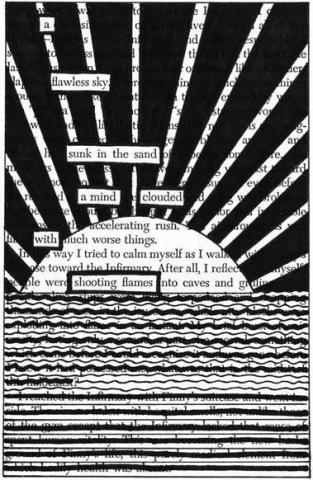 photo of a page from a book but covered in a design to create poem by blacking out the rest of the page