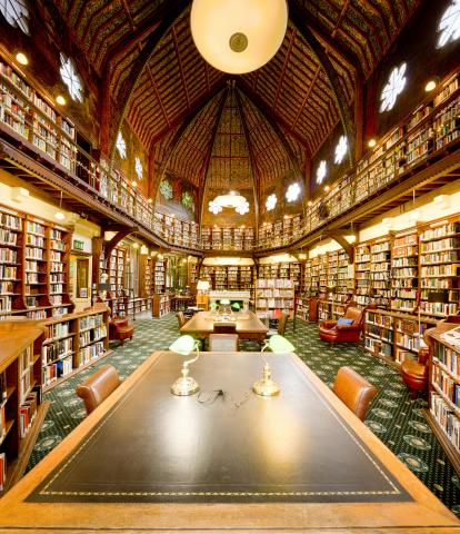 Interior of a fancy library, complete with table lamps and vaulted ceiling