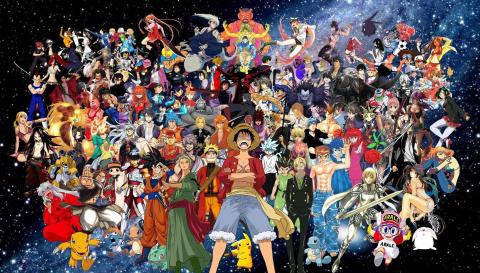 graphic featuring several anime characters from all sorts of shows in front of a space backdrop