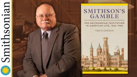 Author Tom Crouch, next to a cover image of his book, "Smithson's Gamble."