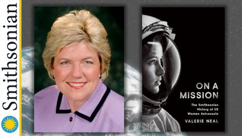 Author Valerie Neal, next to a cover image of her book, "On a Mission: The Smithsonian History of US Women Astronauts."