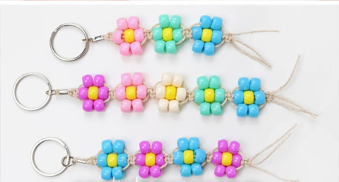 multicolor pony bead flowers on a keychain cord