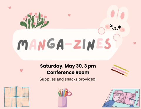 Pink background with images of kawaii bunny, flowers, pens & pencils