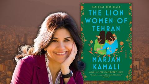 Author Marjan Kamali next to a cover image of her book, "The Lion Women of Tehran"