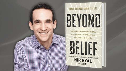 Author Nir Eyal, next to a cover image of his book, "Beyond Belief"