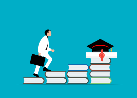 Image of person climbing books arranged as stairsteps with a graduation cap at the top