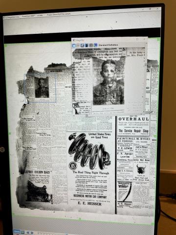 An image from The Rosenberg Herald (July 4, 1919) of Joyce Cox, a Boy Scout from Cameron, TX, is shown magnified and enhanced.