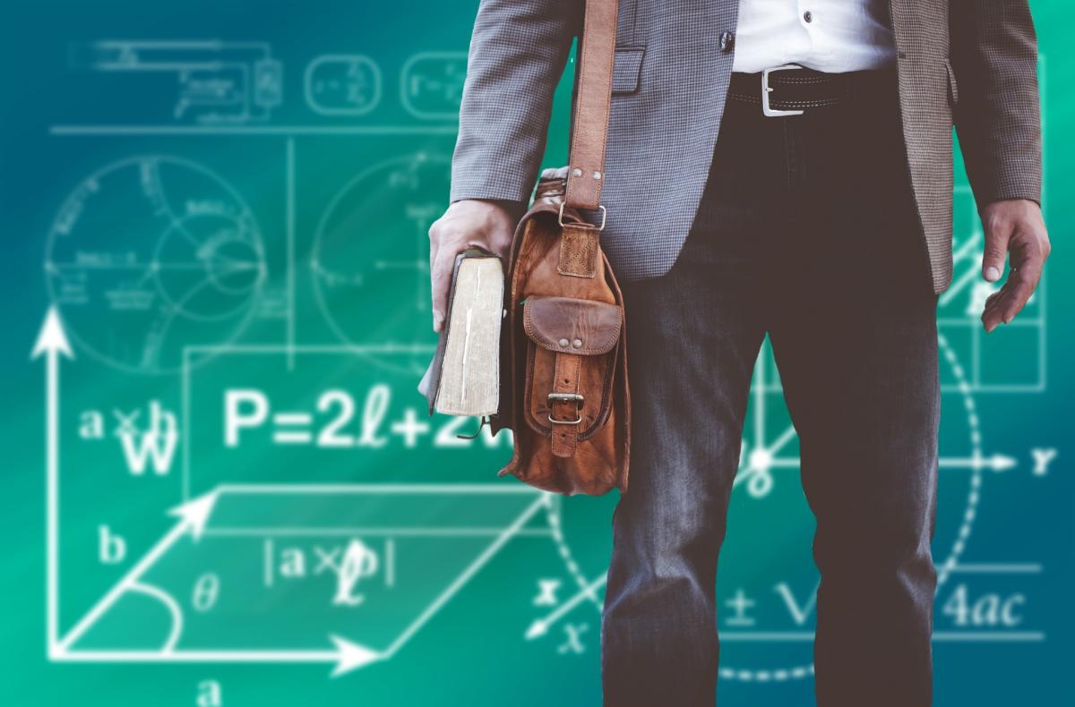 student with math equations in the background
