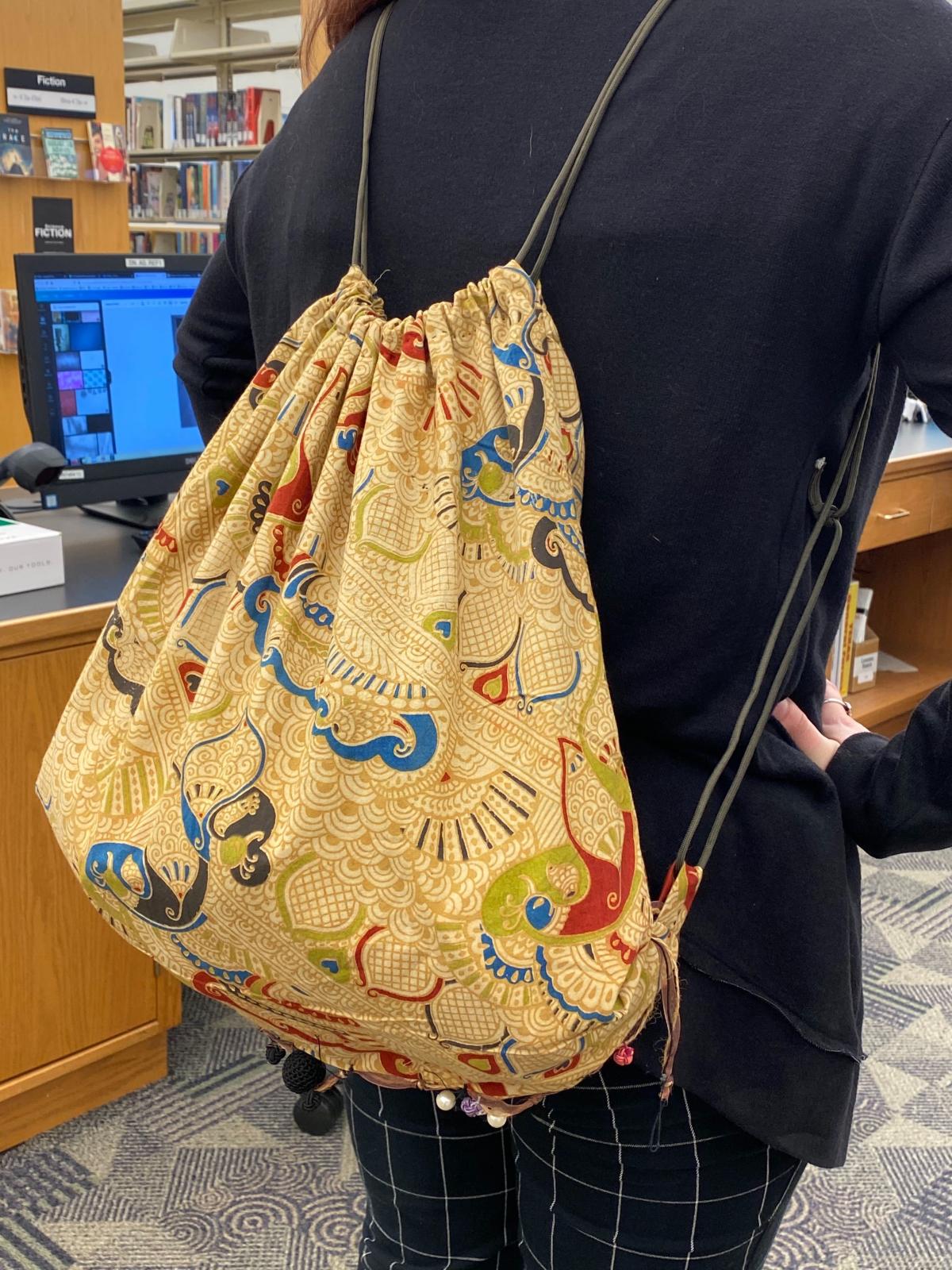 photo of finished upcycled drawstring backpack