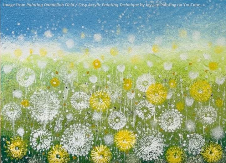 A blue yellow green and white dandelion field 