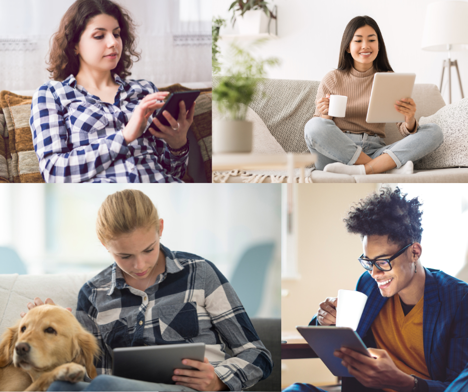 People reading and using eLibrary devices.