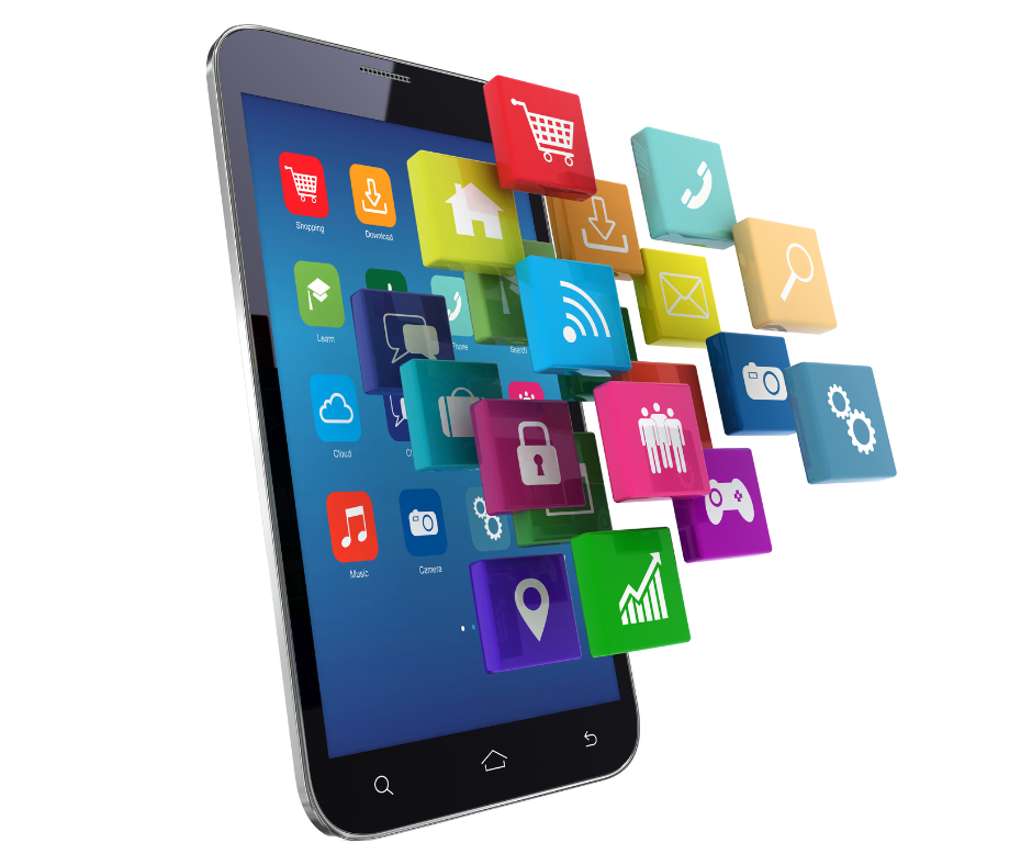 Various colorful apps bursting out of a phone.