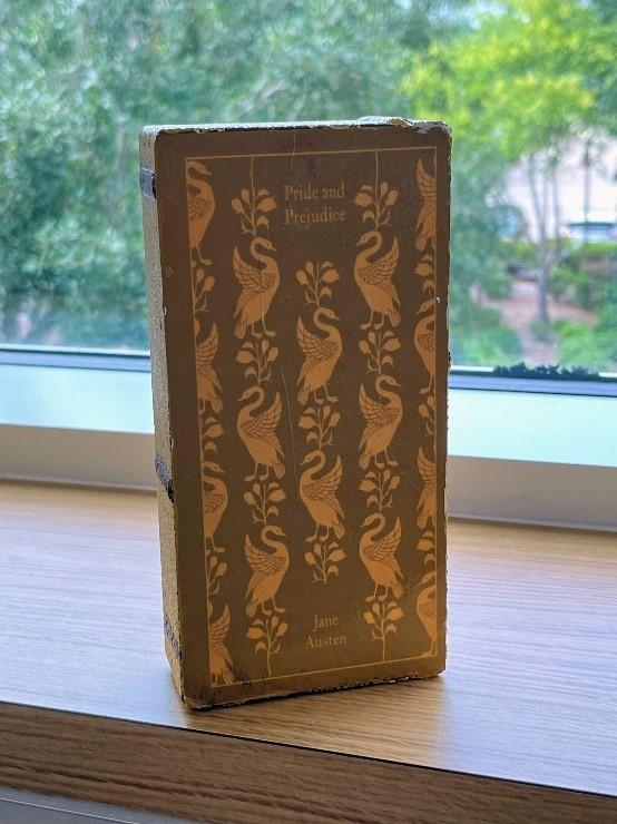Photograph of a brick painted to look like the cover of "Pride and Prejudice" by Jane Austen