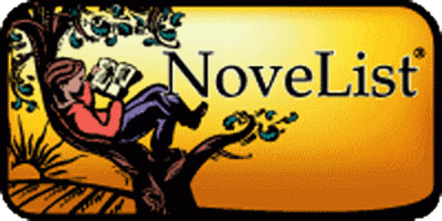 logo for Novelist featuring someone reading a book sitting on top of tree limb during sunset
