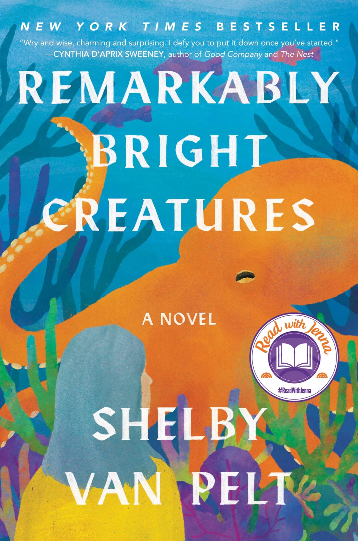 colorful book cover of Remarkably Bright Creatures. Older woman standing in front of octopus tank.