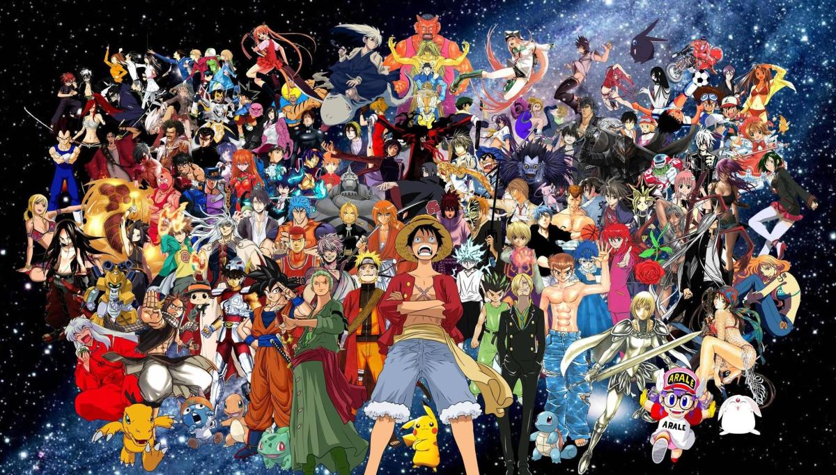graphic featuring several anime characters from all sorts of shows in front of a space backdrop