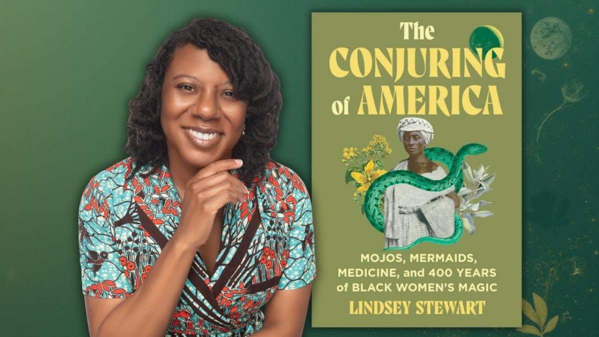 Author Lindsey Stewart, next to a cover image of her book, "The Conjuring of America."