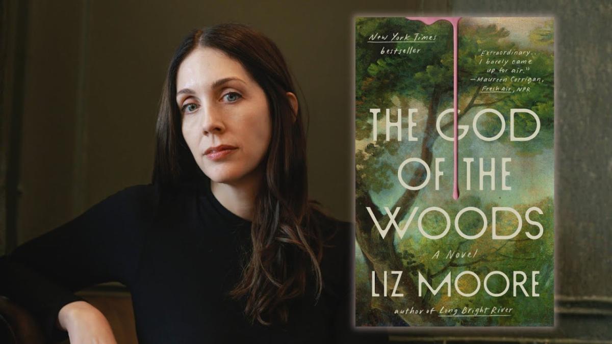 Author Liz Moore, next to a cover image of her book, "The God of the Woods."