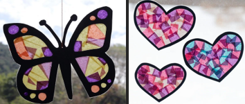 photo of a butterfly and heart suncatcher made with tissue paper