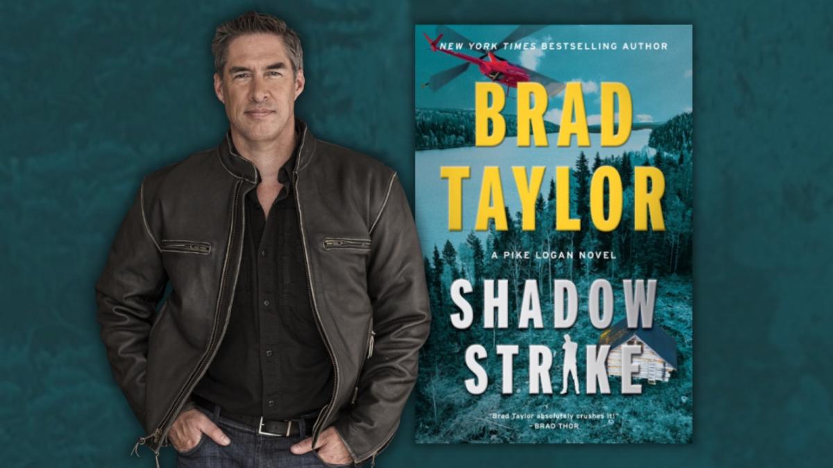 Author Brad Taylor, next to a cover image of his book, "Shadow Strike."
