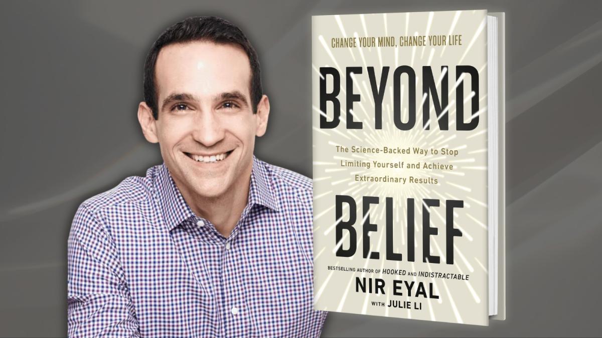 Author Nir Eyal, next to a cover image of his book, "Beyond Belief"