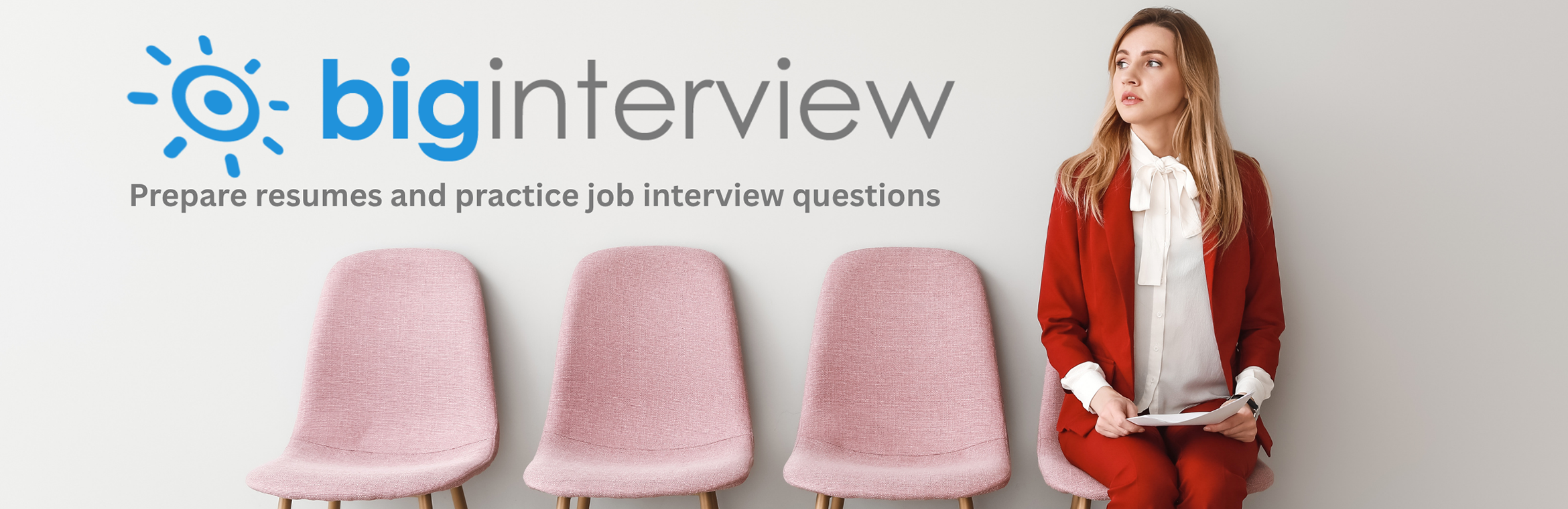 Teens slide showing a woman sitting on the last of four chairs in business attire with the words "Big Interview: Prepare resumes and practice job interview questions."